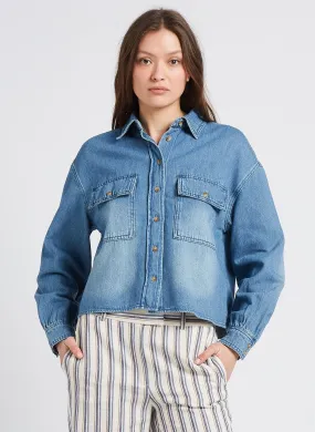 MAISON 123 CLARA - Chaqueta recta vaquera de algodón con cuello clásico en azul