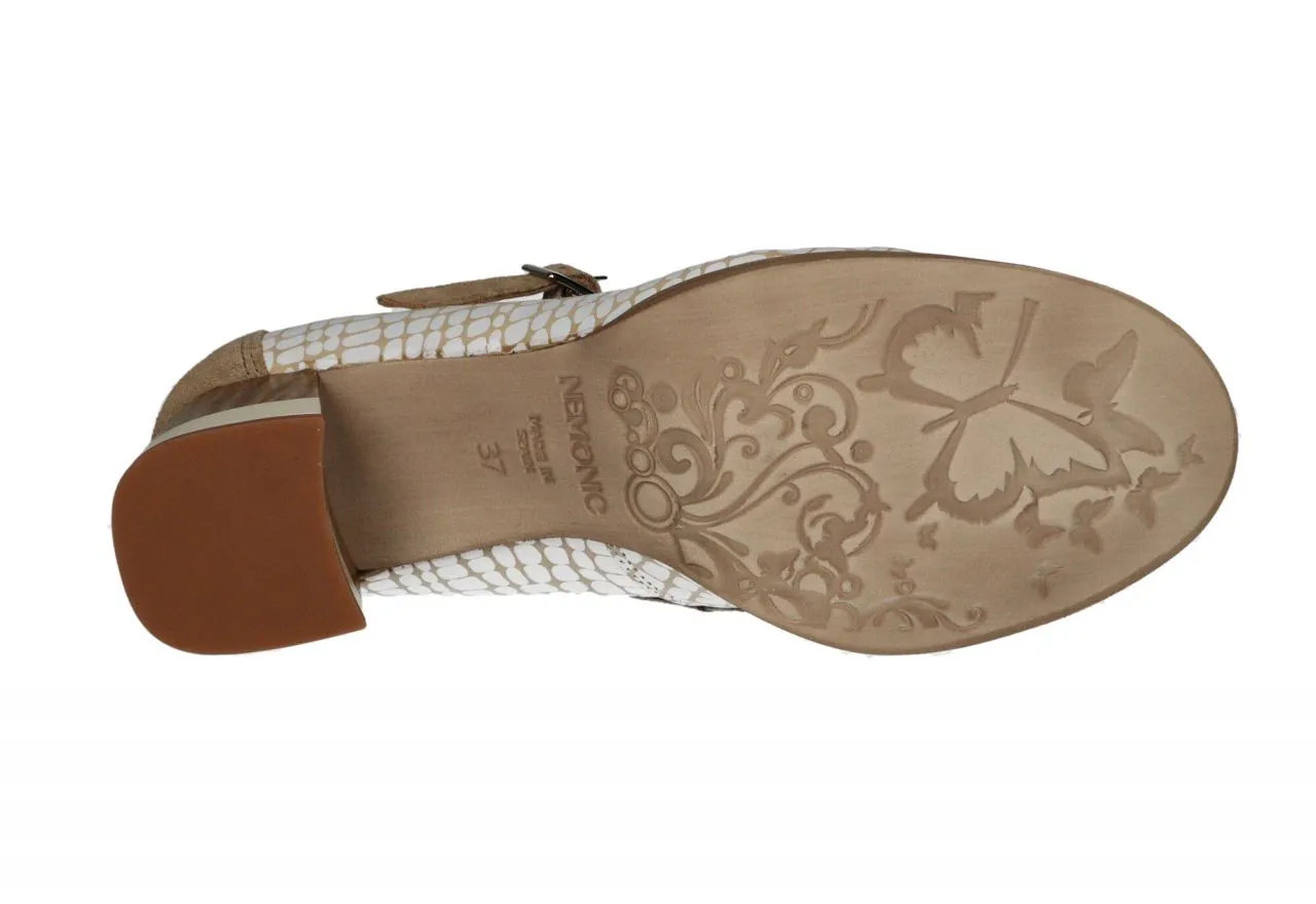 MERCEDES PIELANTE GRABADO BLANCO/TAUPE PUNTA CHAMPAGNE TACóN MEDIO MADERA